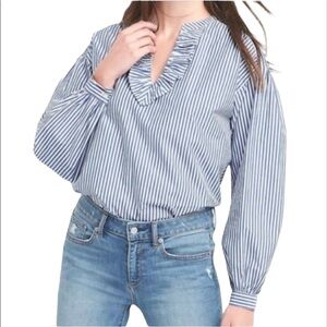 Gap NWT Ruffle V Neck Striped Popover Blouse Size XS in Blue and White Stripe